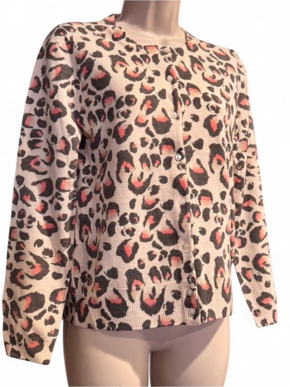 J Crew Merino Wool Leopard Print Button Cardigan in Beige and Coral Soft Classic